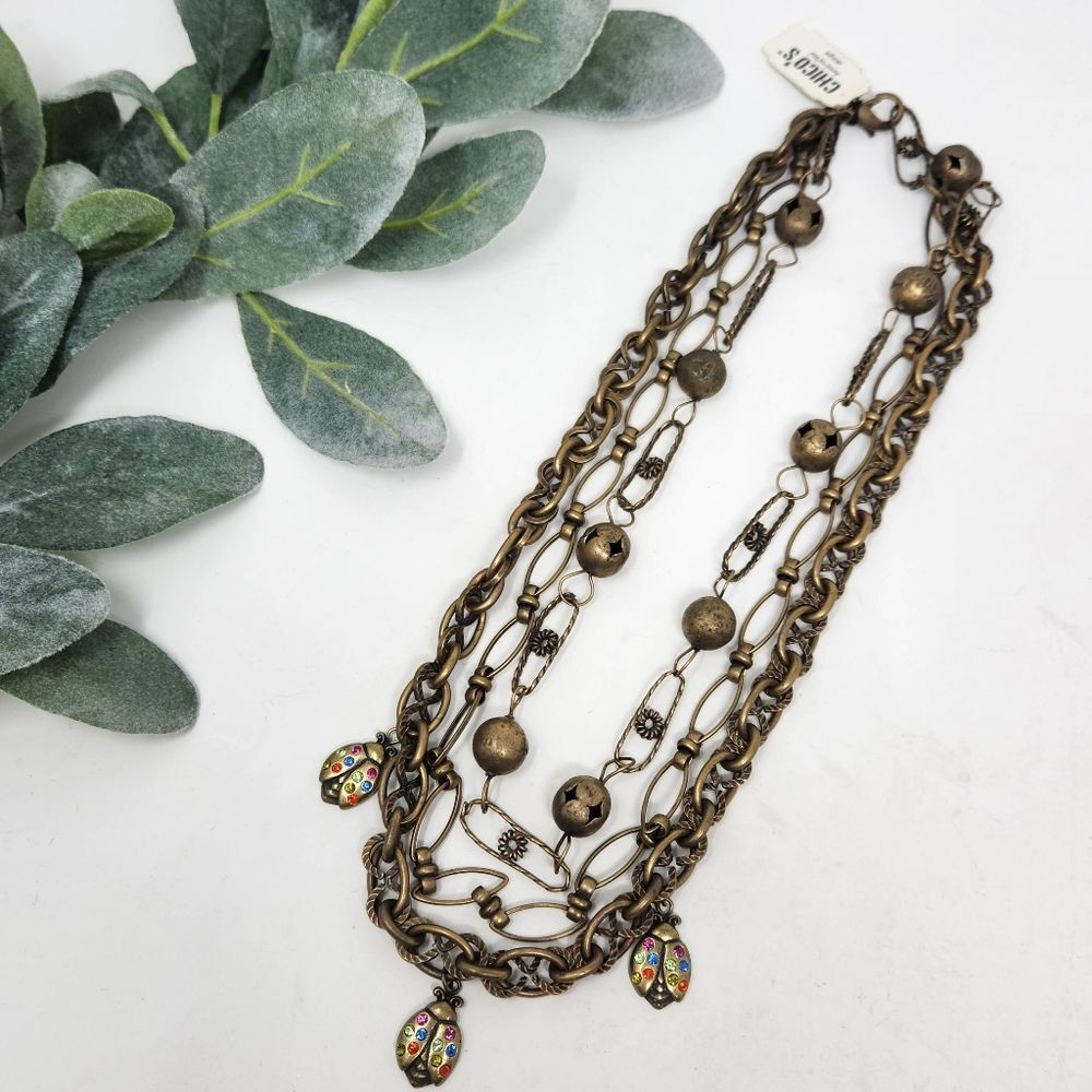 CHICOS Chunky Antique Gold Tone Ball Rhinestone Ladybug Layered Necklace NWT